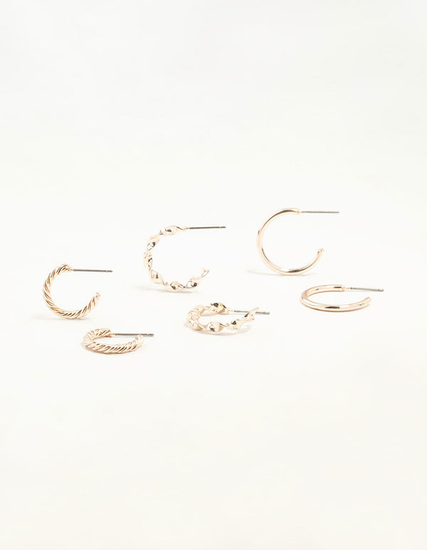 Rose Gold Twisted & Clean Hoop Earrings 3-Pack