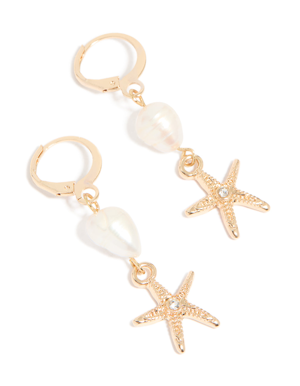 Gold Pearl Starfish Huggie Drop Earrings