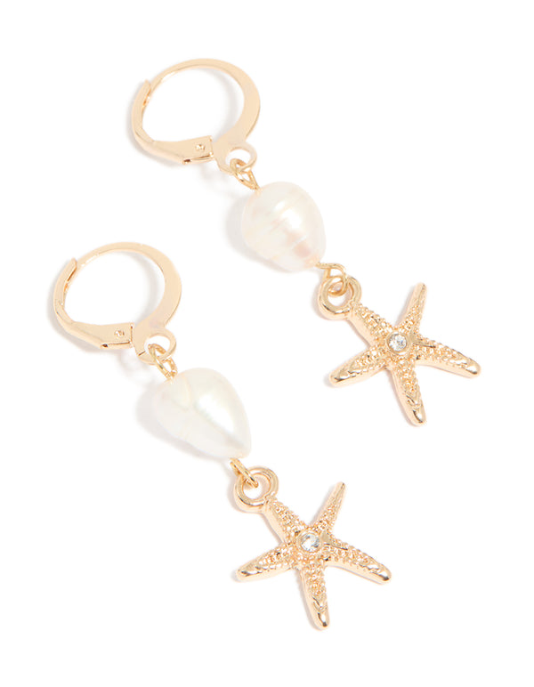 Gold Pearl Starfish Huggie Drop Earrings