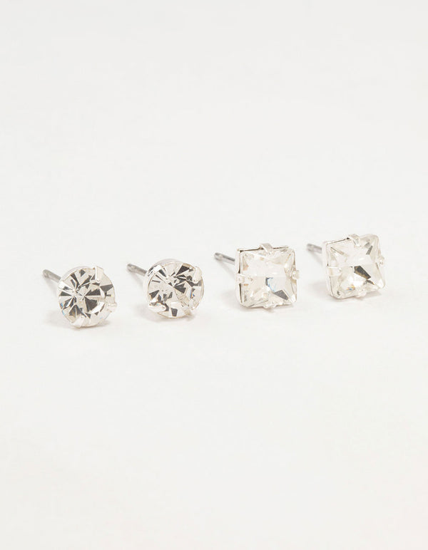 Silver Diamante Circle Square Stud Earrings 2-Pack