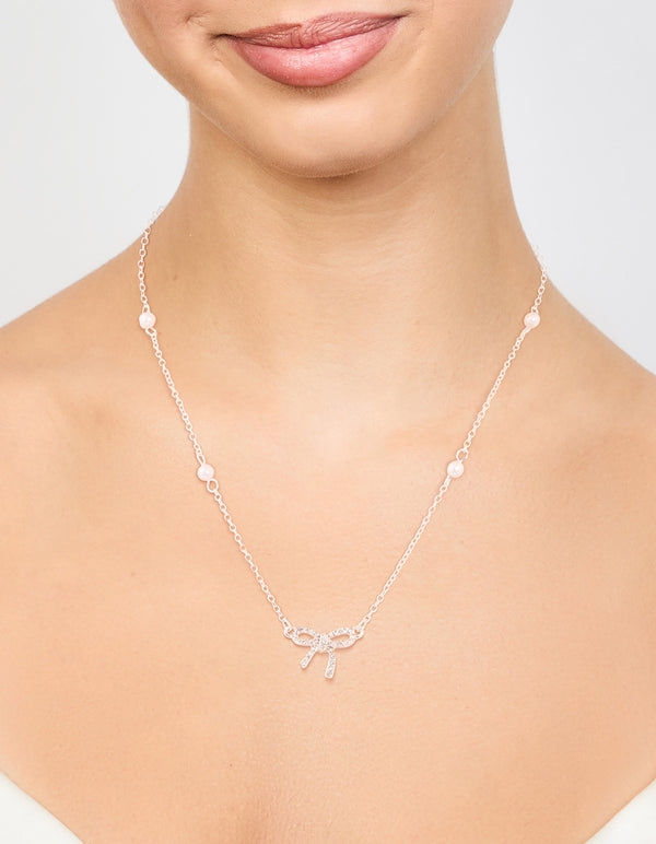 Silver Station Pearl Diamante Bow Necklace