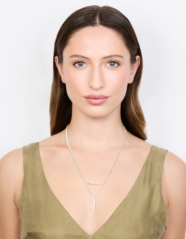 Silver Double Chain Bar Layered Necklace