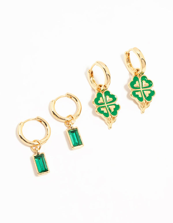 Gold Plated Shamrock & Green Diamante Huggie Earrings 2-Pack