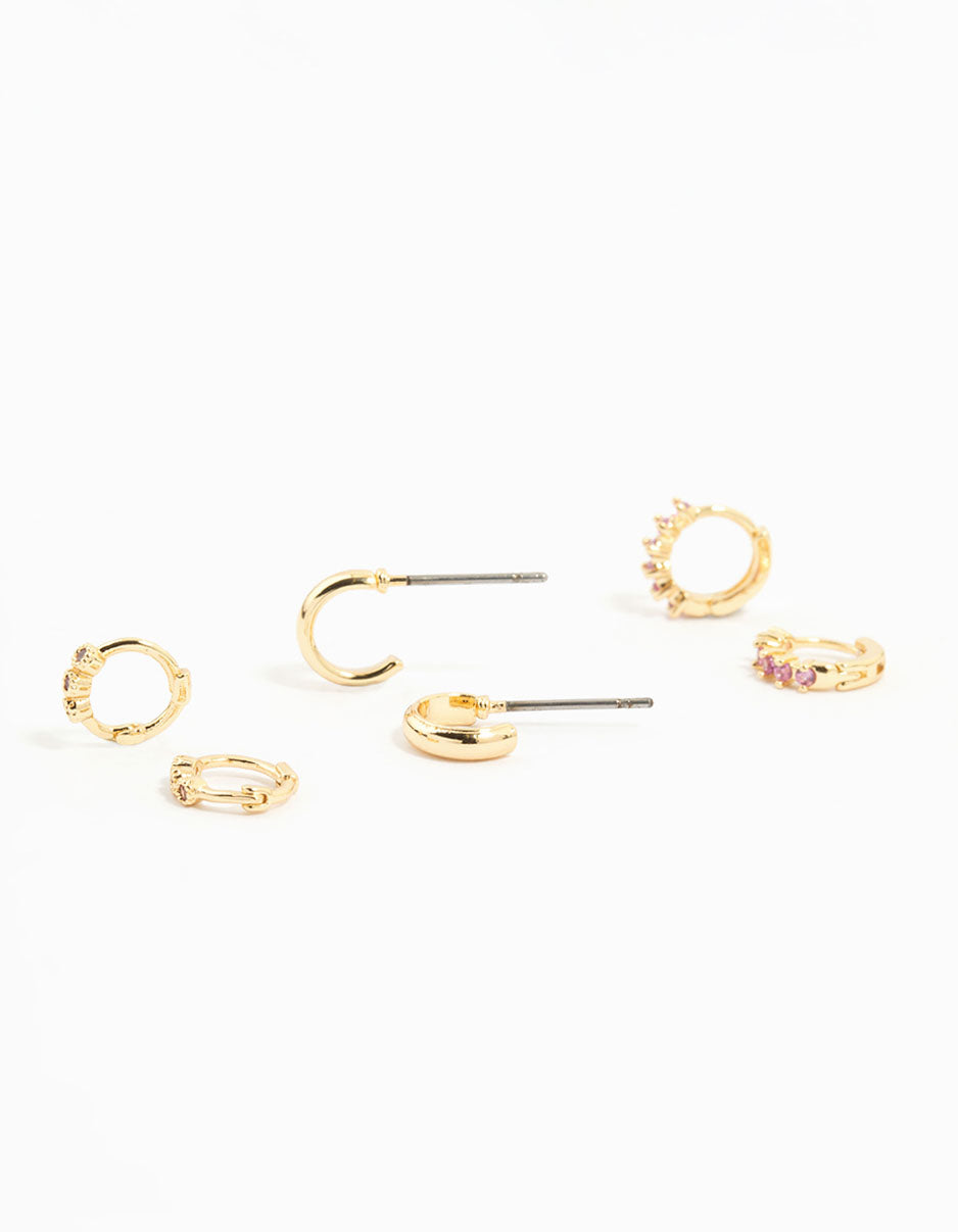 Gold Plated Pink Cubic Zirconia Huggie Earrings 3-Pack