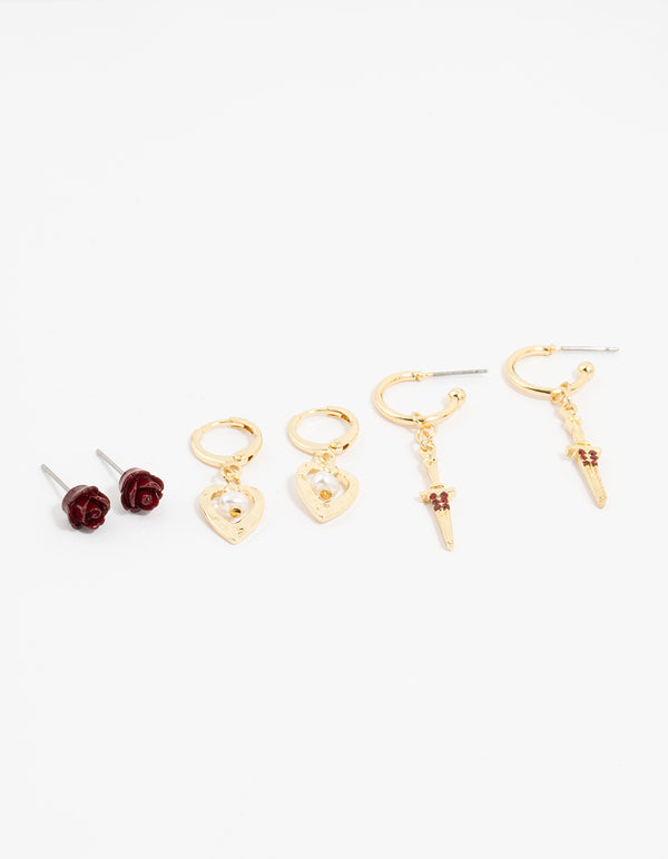 Gold Plated Sword & Burgundy Rose Earrings 3-Pack