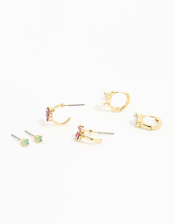 Gold Plated Multicoloured Cubic Zirconia Bow & Heart Earrings 3-Pack