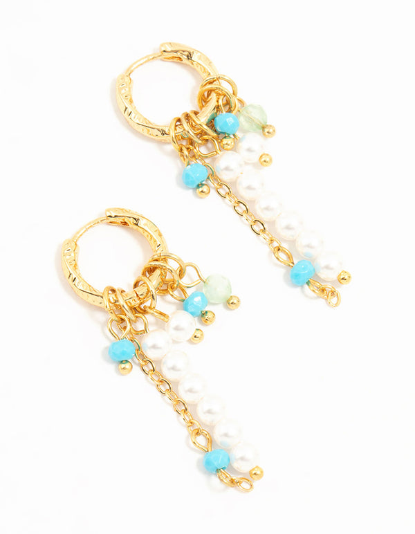 Gold Plated Blue & White Bead Huggie Earrings