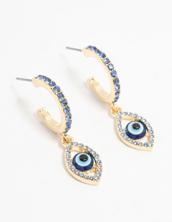 Gold Plated Diamante Evil Eye Drop Earrings