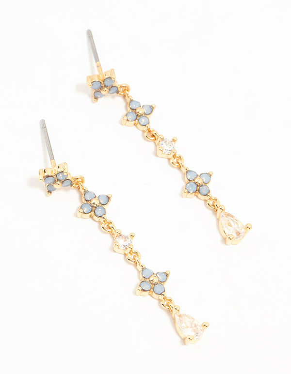 Gold Plated Blue Cubic Zirconia Floral Drop Earrings