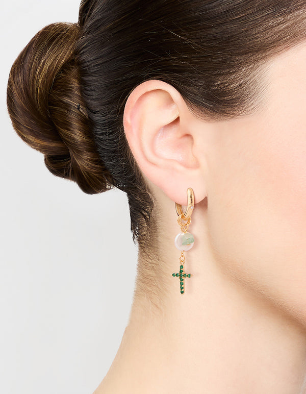 Gold Plated Green, Pearl & Cross Huggie Earrings