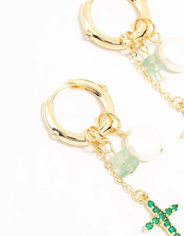 Gold Plated Green, Pearl & Cross Huggie Earrings