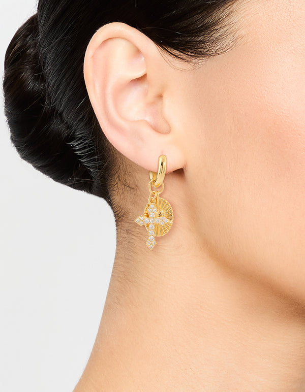 Gold Plated Cubic Zirconia Cross Huggie Earrings