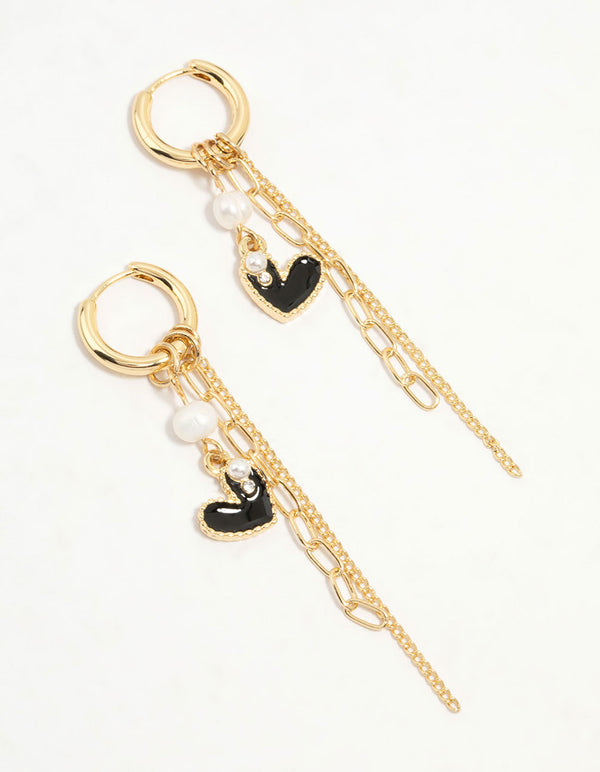 Gold Plated Pearl & Heart Chain Drop Earrings