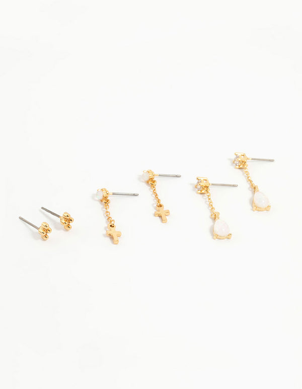 Gold Plated Cubic Zirconia & Cross Earrings 3-Pack