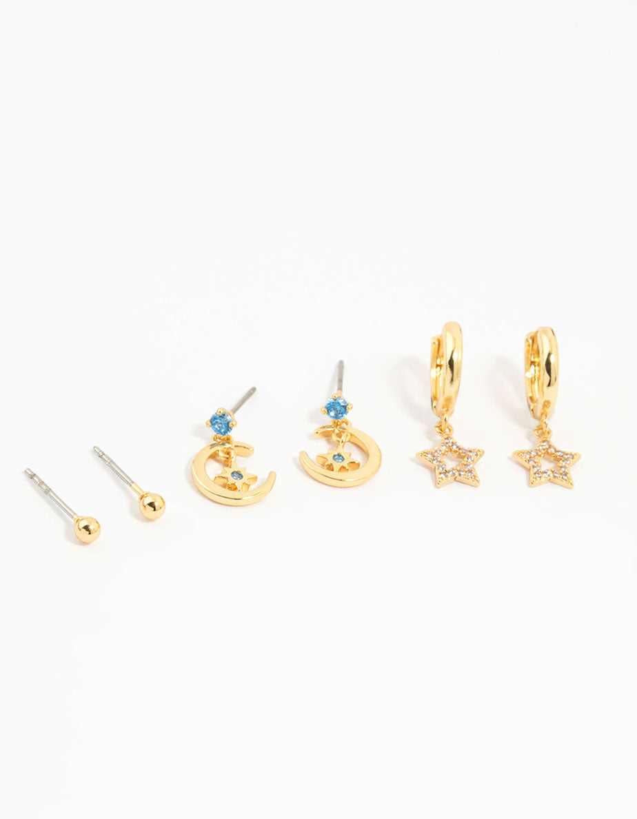 Gold Plated Blue Cubic Zirconia Moon & Star Earrings 3-Pack
