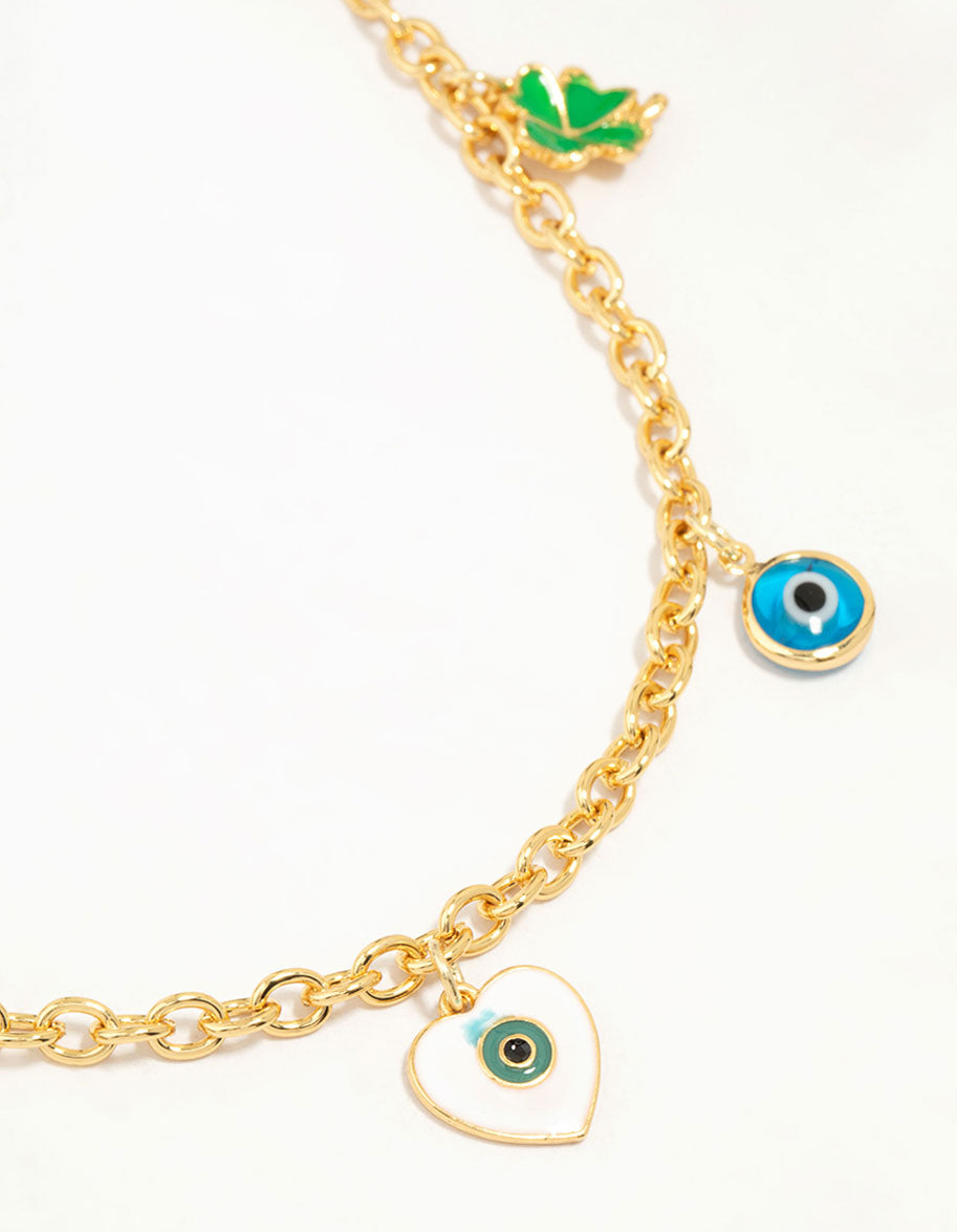 Gold Plated Evil Eye & Clover Charm Necklace
