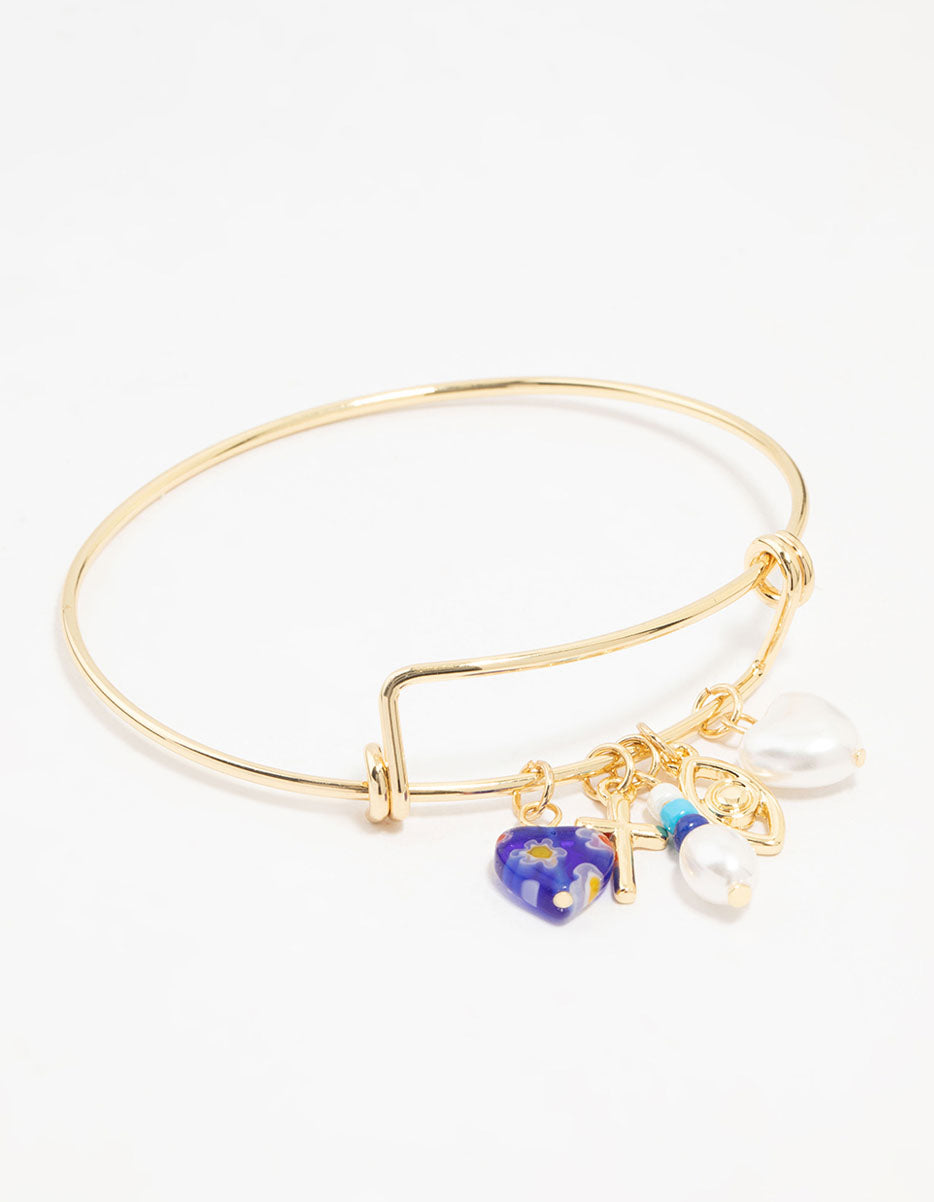 Gold Plated Heart & Pearl Charm Bangle
