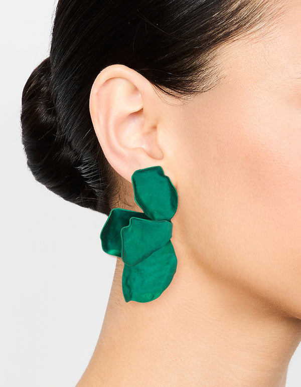 Dark Green Coated Metal Flower Petal Drop Earrings
