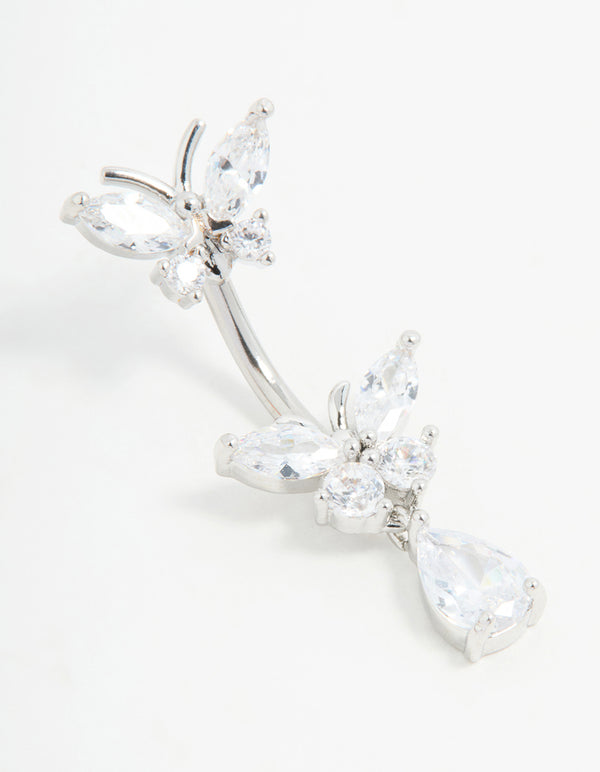 Surgical Steel Cubic Zircornia Double Butterfly Drop Belly Bar