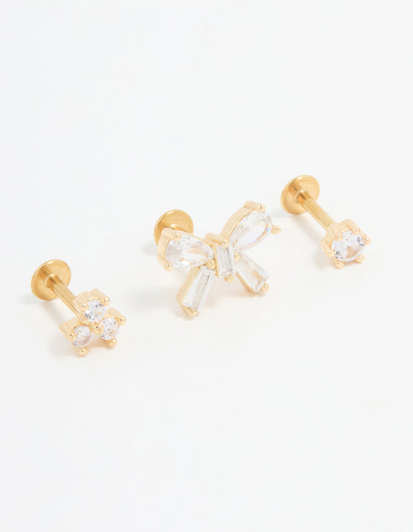 Gold Plated Surgical Steel Cubic Zirconia Bow Flat Back Studs 3-Pack