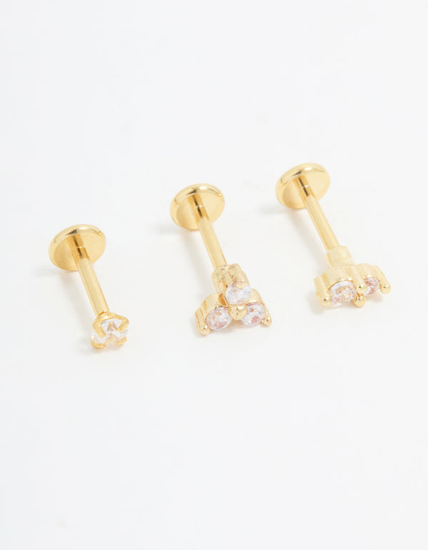 Gold Plated Surgical Steel Cubic Zirconia Round Flat Back Studs 3-Pack