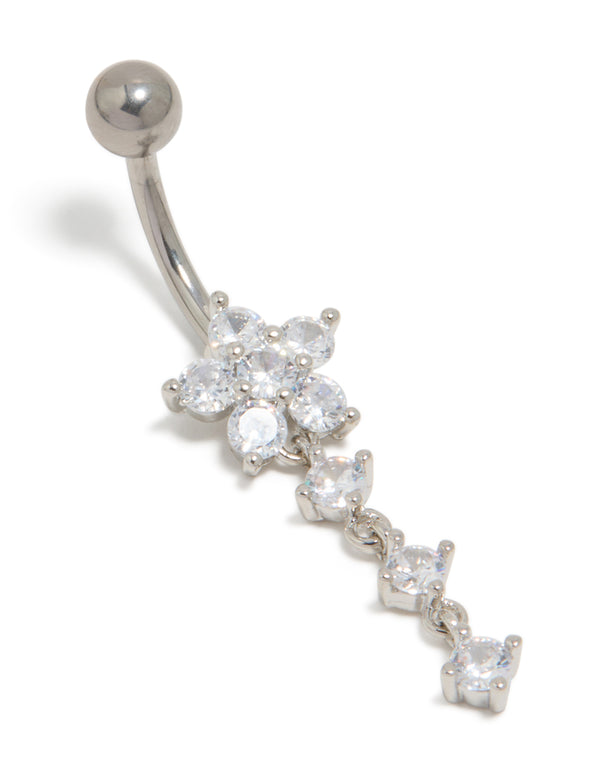Titanium Cubic Zirconia Round Flower Drop Belly Bar