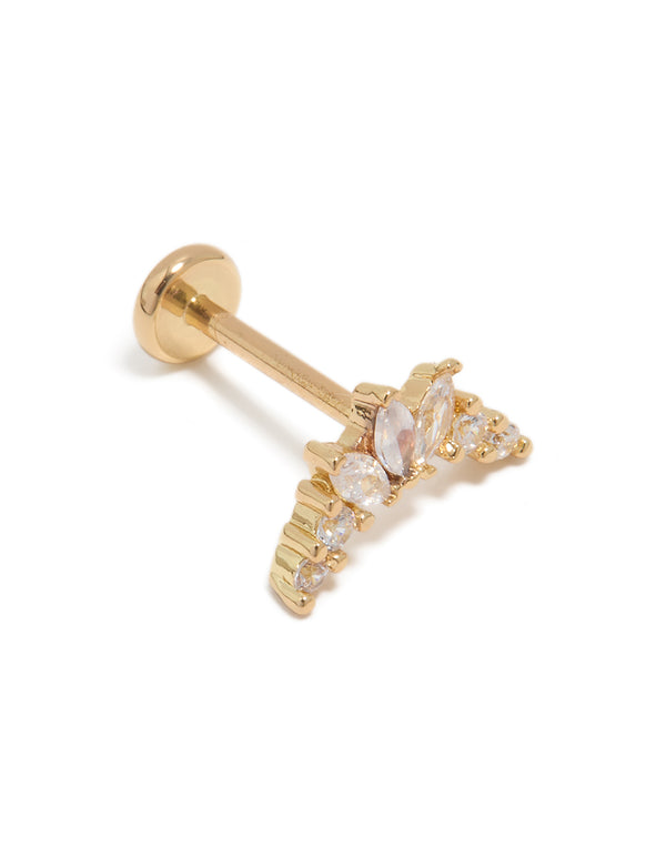 Showcasing a marquise stone cut threadless single flat back stud crafted from titanium with cubic zirconia featuring crystal in gold front view
