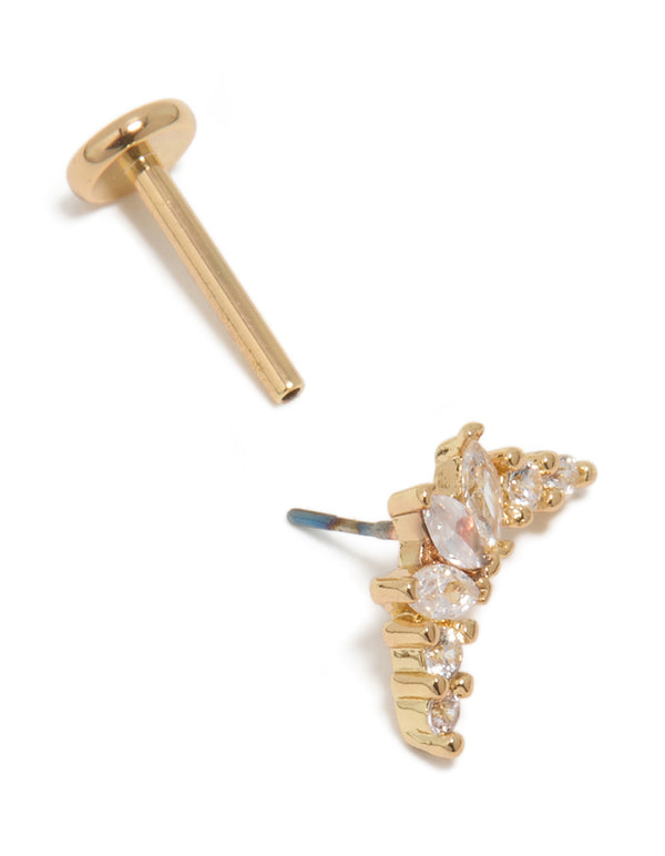 Featuring a marquise stone cut threadless single flat back stud crafted from titanium with cubic zirconia and crystal in gold post detail view