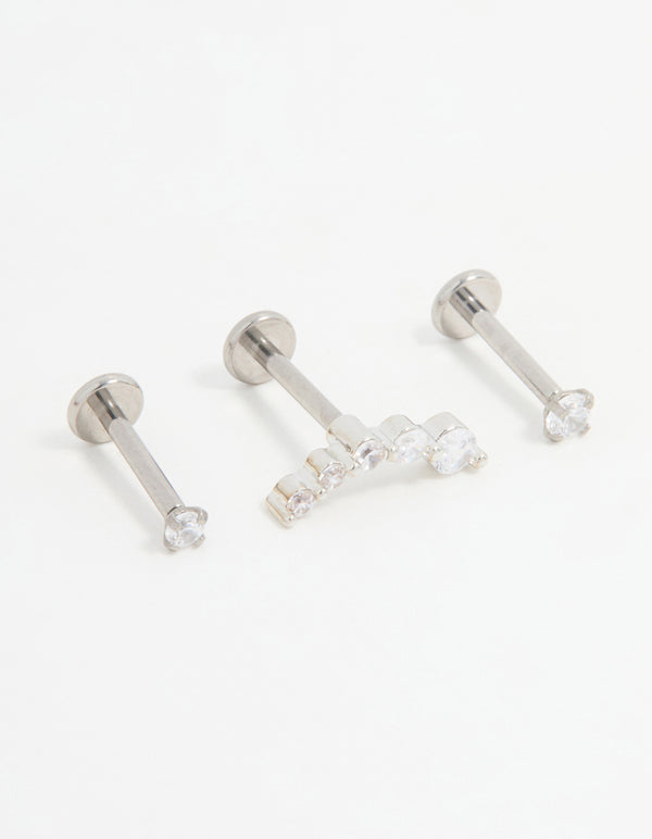 Titanium Cubic Zirconia & Ball Flat Back Studs 3-Pack