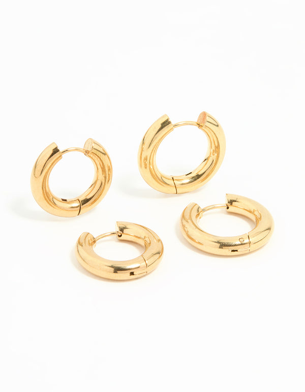 Waterproof Gold Plated Stainless Steel Tube Hoop Earrings 2 Pack