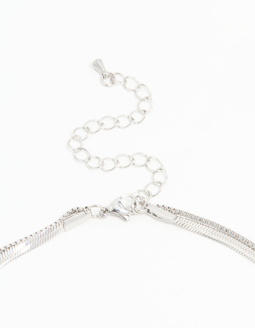Featuring waterproof stainless steel chain layered necklace in silver clasp detail view