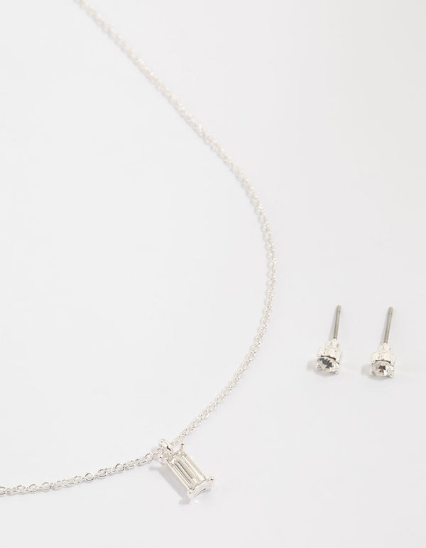 Silver Plated Baguette Diamante Necklace & Stud Earrings Set