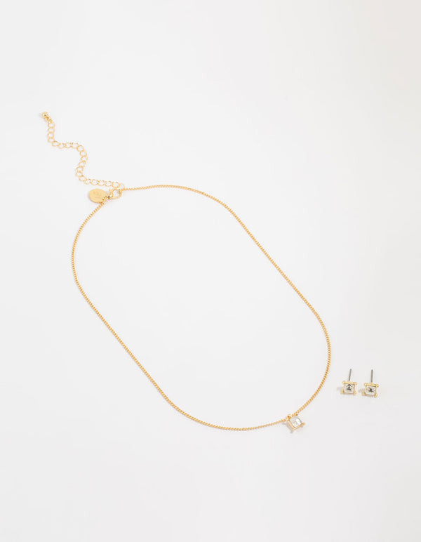 Gold Plated Diamante Square Necklace & Earrings Set