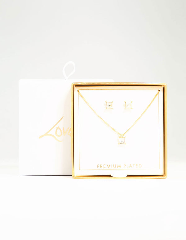 Gold Plated Diamante Square Necklace & Earrings Set