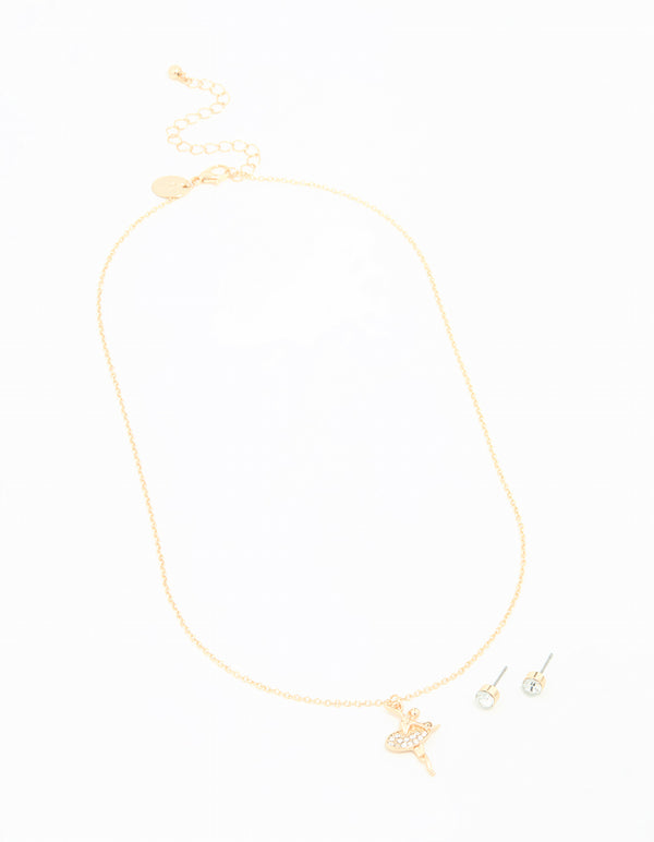 Gold Diamante Ballerina Necklace & Stud Earrings Set