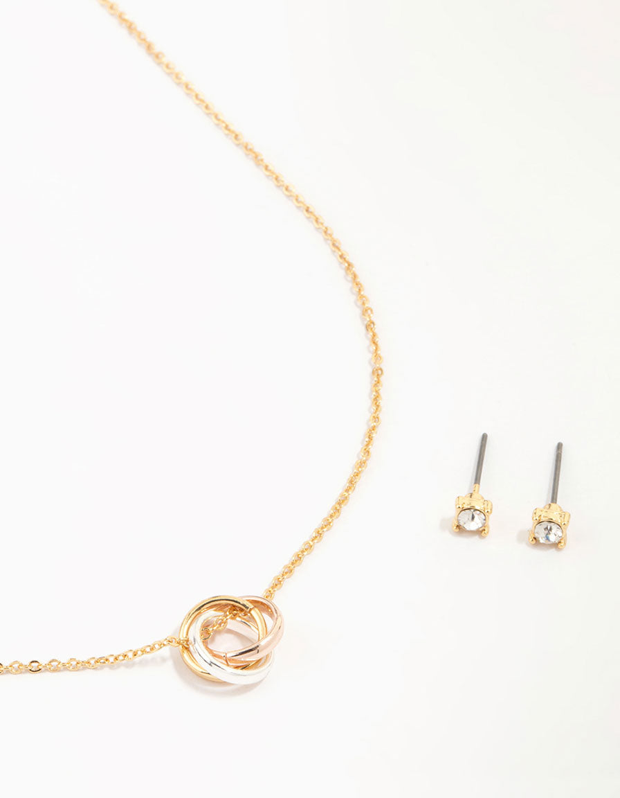 Mixed Metals Ring Necklace & Stud Earrings Set