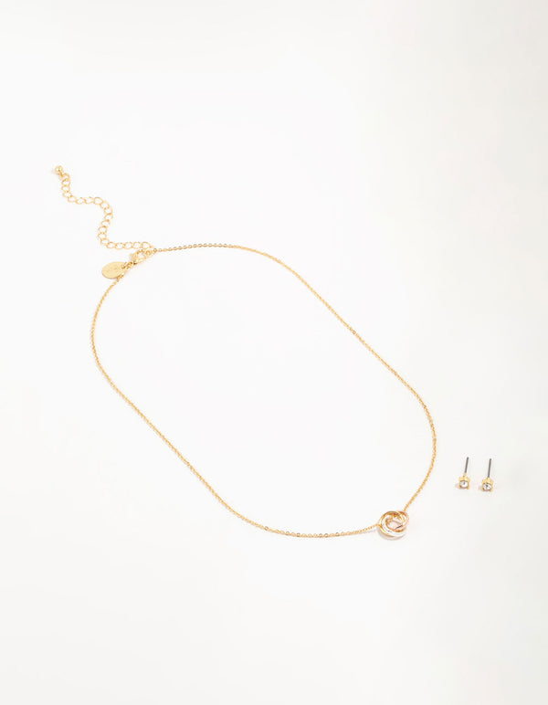 Mixed Metals Ring Necklace & Stud Earrings Set