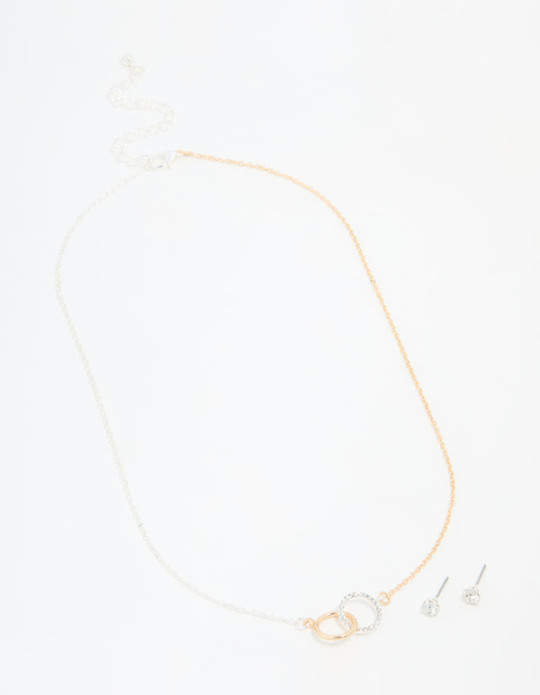 Mixed Metals Linked Circle Necklace & Stud Earrings Set