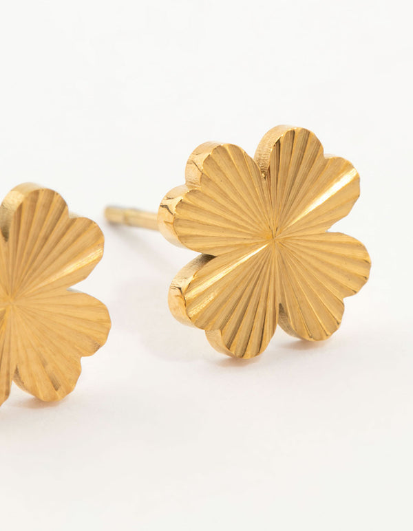 Highlighting waterproof gold plated stainless steel stud earrings featuring floral design in gold post detail view
