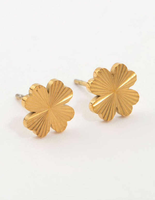 Beautifully crafted waterproof gold plated stainless steel stud earrings featuring floral design in gold front view