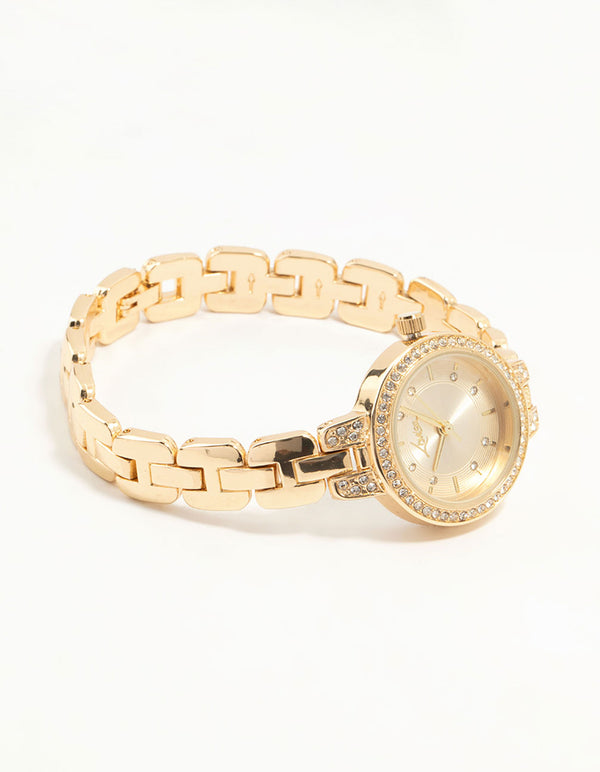 Gold Small Diamante Round Strap Watch
