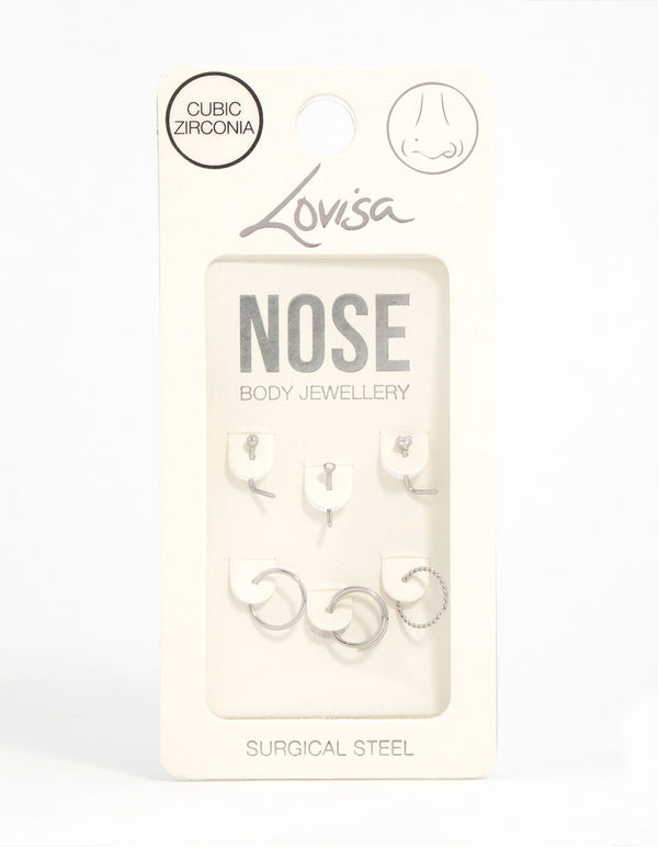 Surgical Steel Cubic Zirconia Simple Mixed Nose Ring & Stud 6-Pack