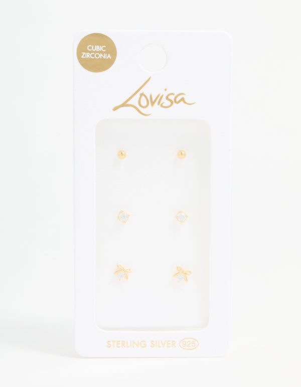 Gold Plated Sterling Silver Bow & Sleek Earrings 3-Pack