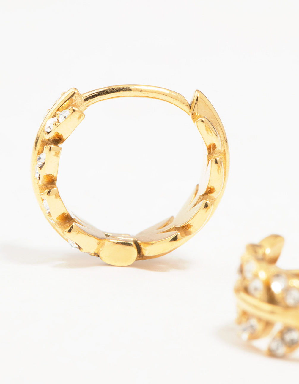 Gold Plated Surgical Steel Diamante Leaf Huggie Earrings