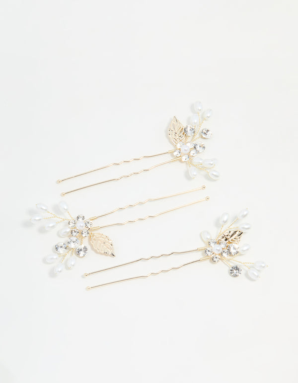 Gold Diamante Flower & Pearl Bobby Pins 3-Pack