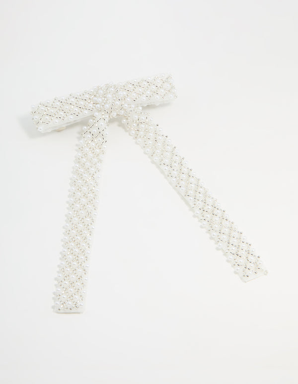 White Fabric Beaded Bow Clip
