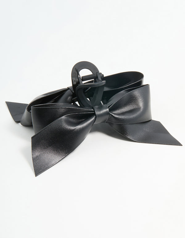 Black PU Leather Bow Claw Clip