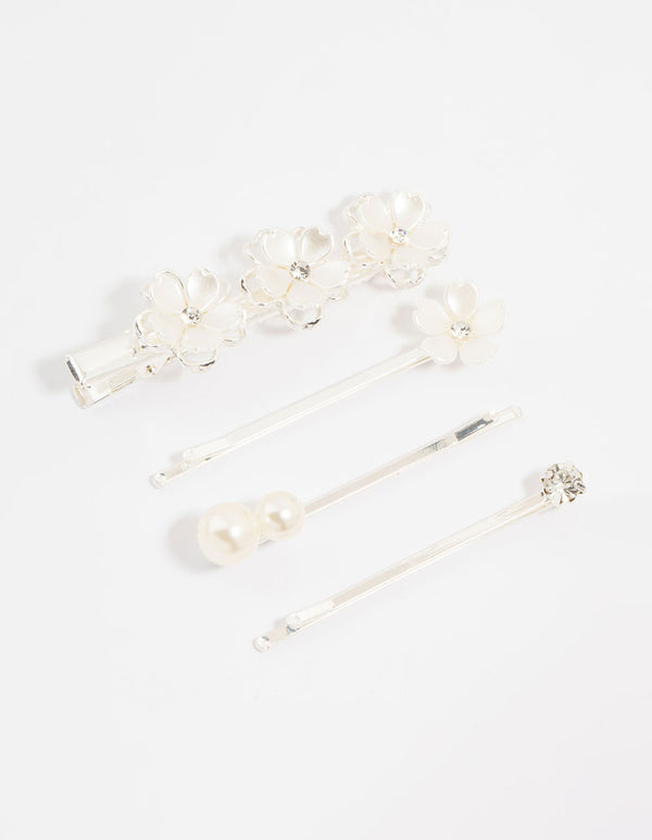 Silver Pearl Mixed Flower Clips 4-Pack
