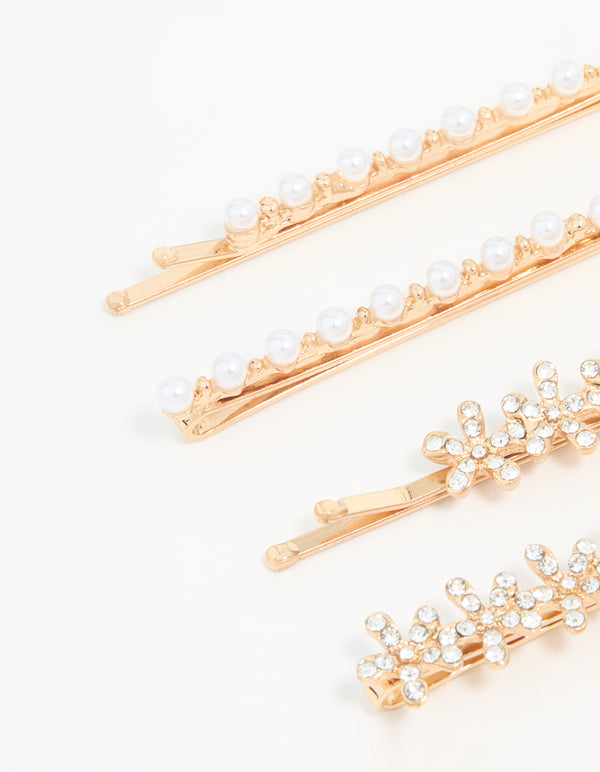 Gold Pearl Diamante Flower Clips 4-Pack