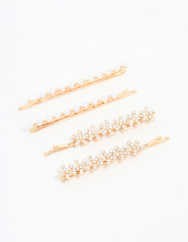 Gold Pearl Diamante Flower Clips 4-Pack
